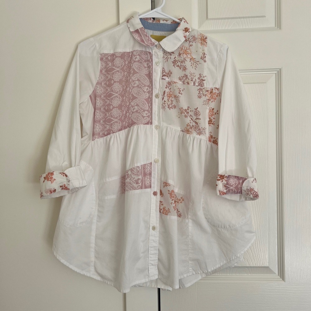 Maeve Anthropologie Patchwork Floral Paisley Button Down Tunic Shirt White XS